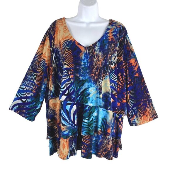 Susan Graver Top Women's 3X Tiered Multicolored Print V-Neck - Picture 1 of 5